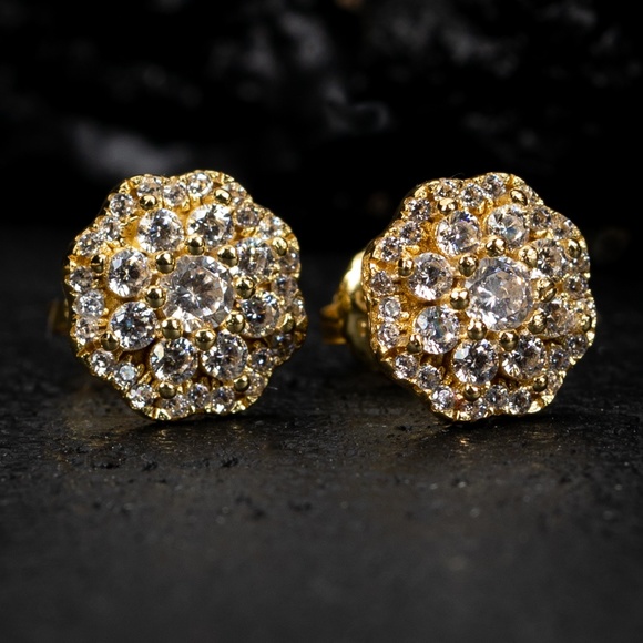 Yellow Gold Men's Flower 925 Sterling Silver Cluster Cz Stud Fashion Earrings - Picture 1 of 5